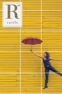 Rattle #64 cover, woman with umbrella against yellow wall