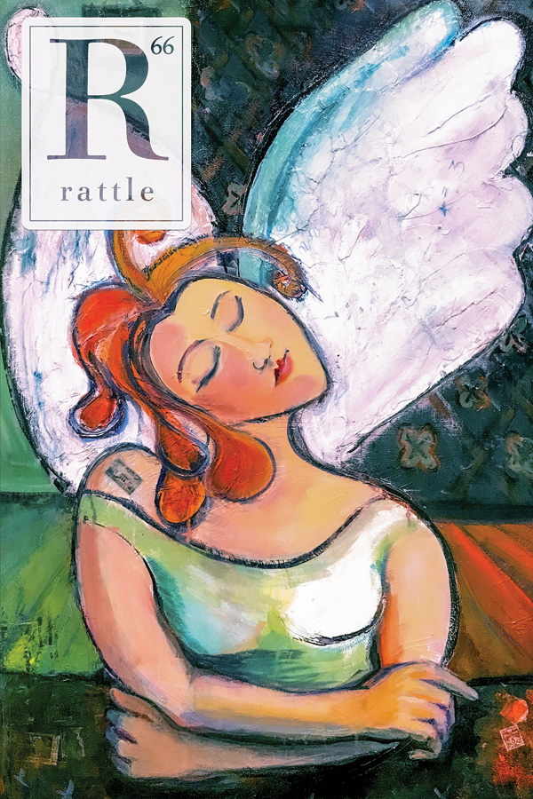 Rattle #66 cover, painting of an angel playing dice