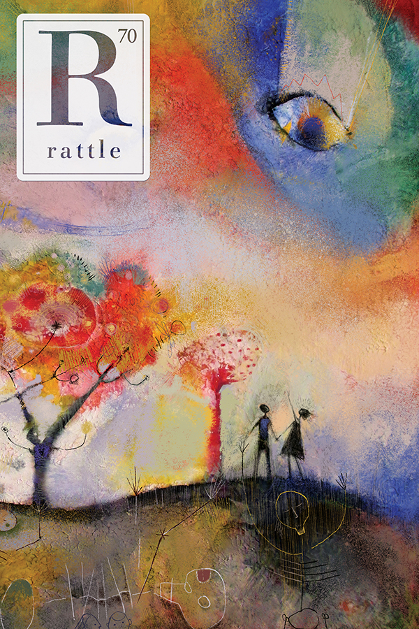 Rattle #70 cover, colorful painting of two figures embracing near bright red trees, one of the pointing up at an eye in the sky