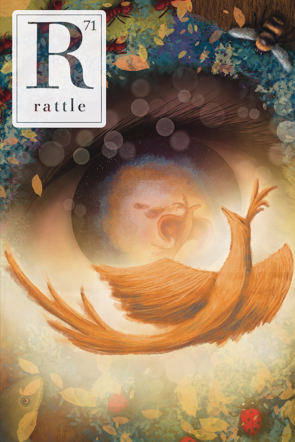 Rattle #71 cover, colorful painting of a spiral eye with birds swirling around it